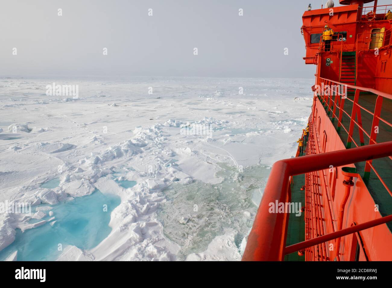 Russie, Haut Arctique. S'écrasant à travers une épaisse glace de mer à 89 degrés vers le nord en direction du pôle Nord. Vue depuis le pont du brise-glace russe, 50 ans Banque D'Images