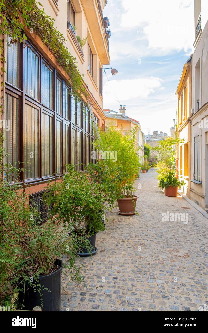 France, Paris, cité Leroy, route privée composée de maisons privées Banque D'Images