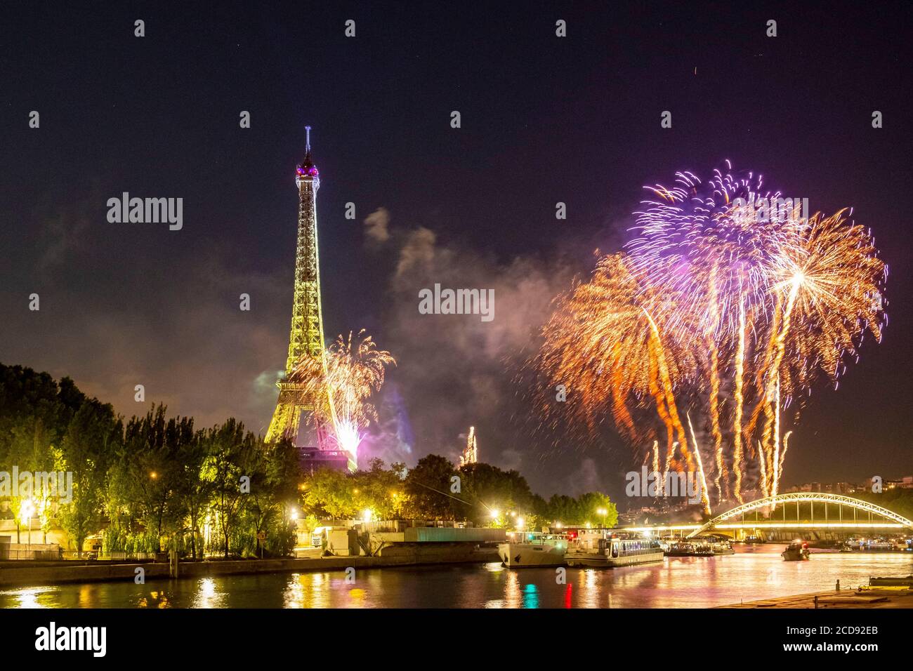 France, Paris, région classée au patrimoine mondial de l'UNESCO, Journée nationale, feux d'artifice du 14 juillet 2019 et Tour Eiffel Banque D'Images