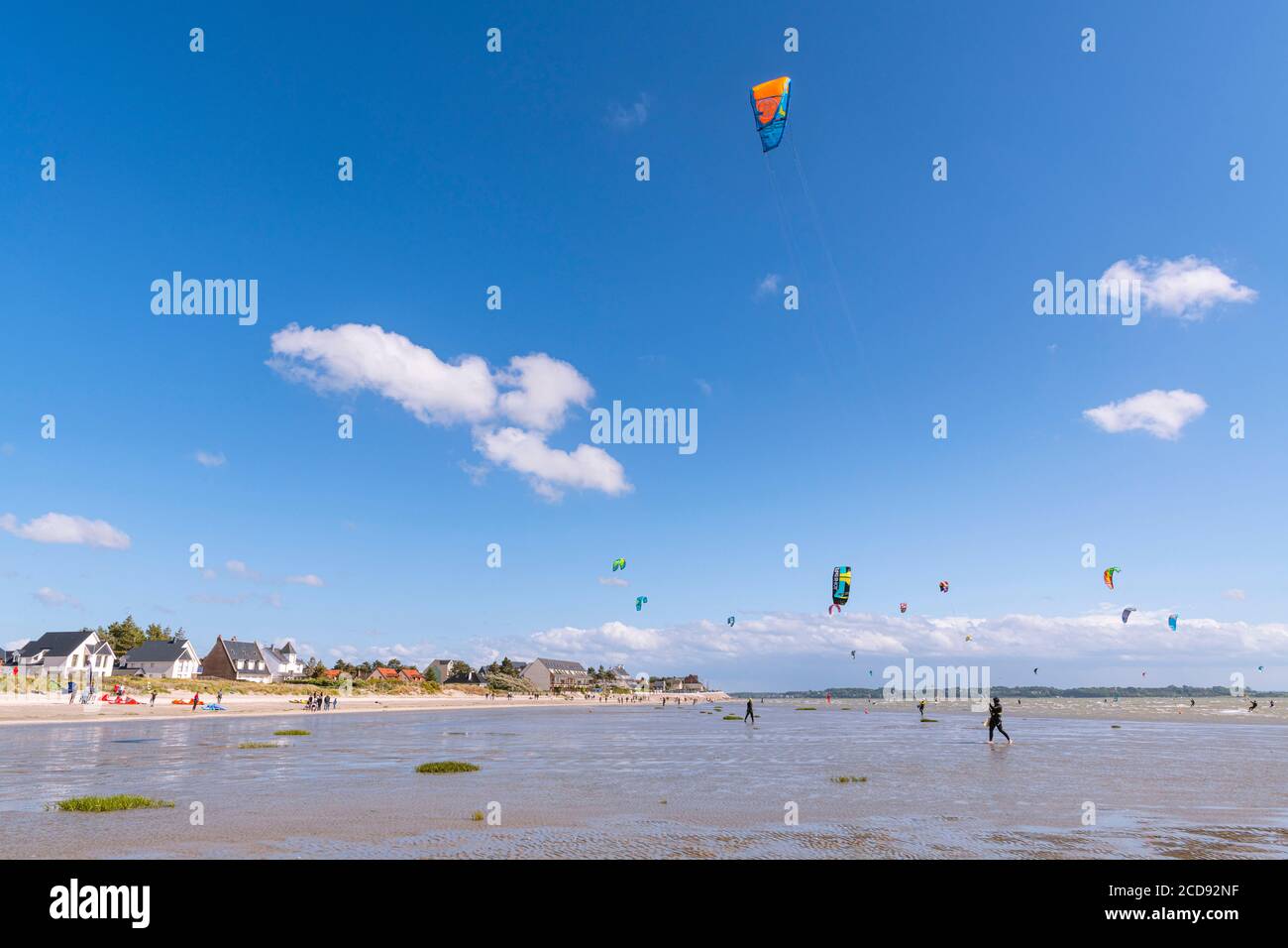 France, somme, Baie de la somme, le Crotoy, Crotoy Beach est un endroit pour le kitesurf et la planche à voile; au lendemain d'une tempête, alors que le soleil est revenu avec un vent puissant, les athlètes sont nombreux et leurs voiles multicolores illuminent le paysage Banque D'Images