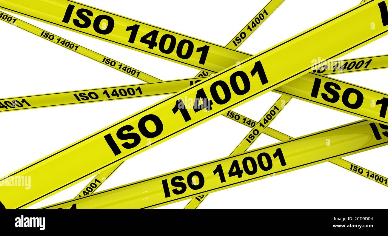 ISO 14001. Rubans d'avertissement jaunes avec texte noir ISO 14001. Isolé. Illustration 3D Banque D'Images