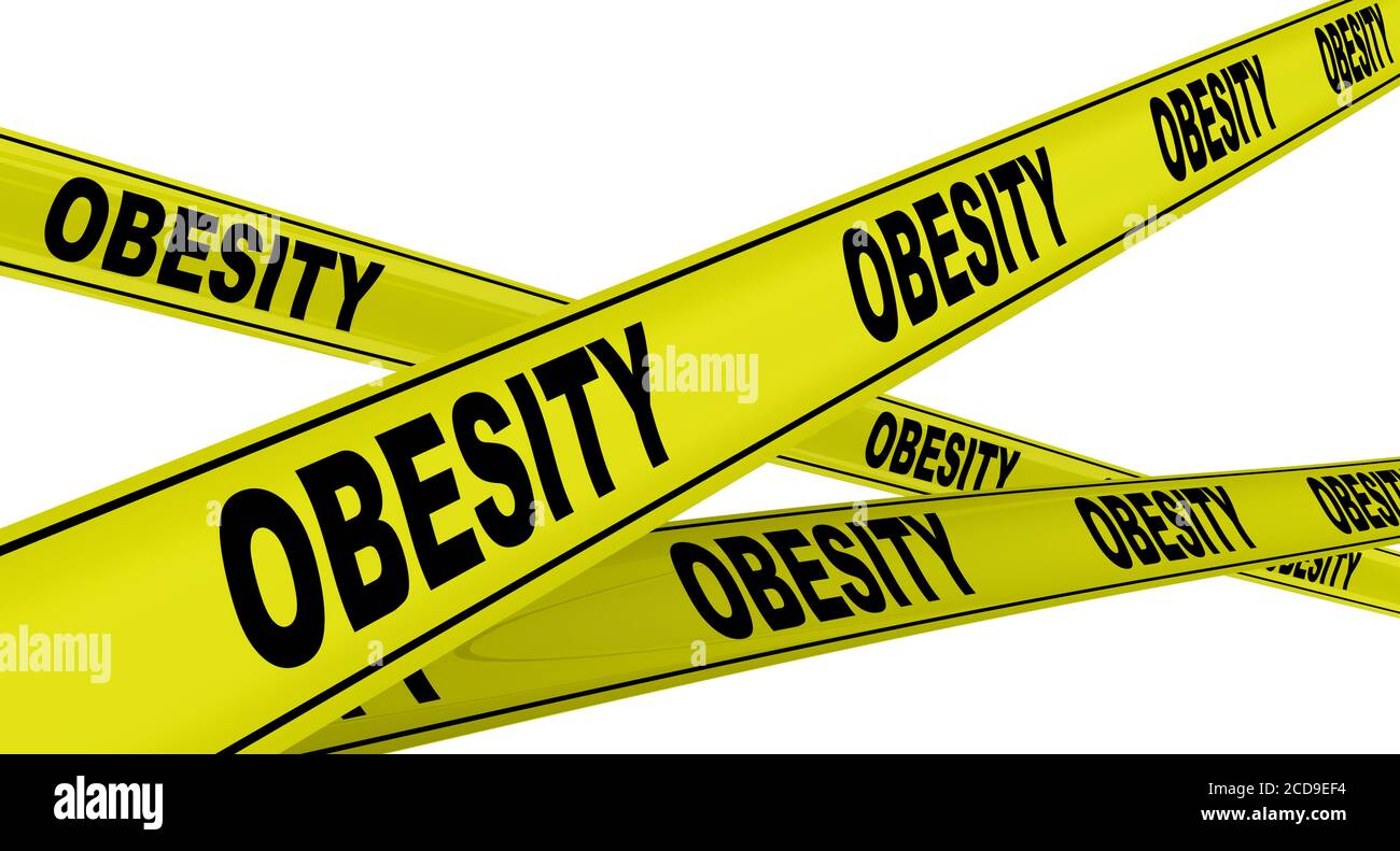 Obésité. Rubans d'avertissement jaunes avec des mots noirs OBÉSITÉ. Isolé. Illustration 3D Banque D'Images