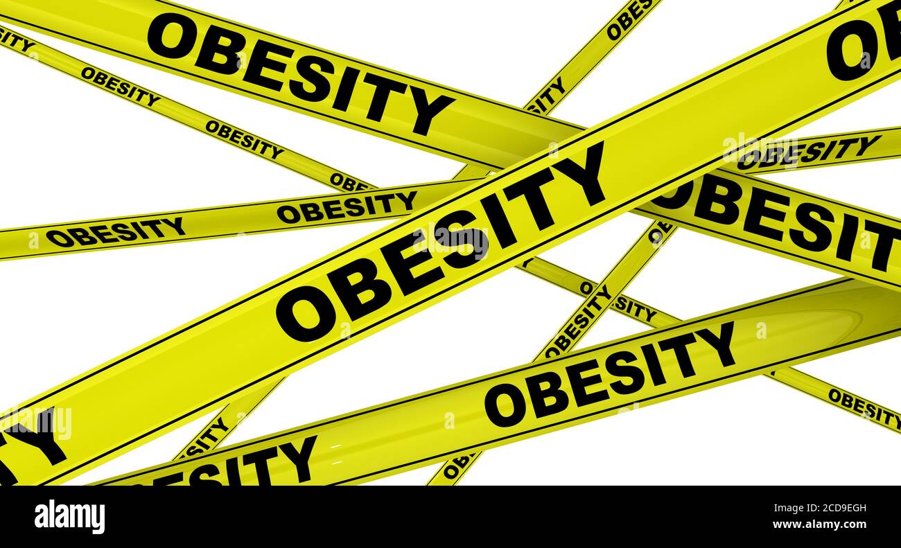 Obésité. Rubans d'avertissement jaunes avec des mots noirs OBÉSITÉ. Isolé. Illustration 3D Banque D'Images