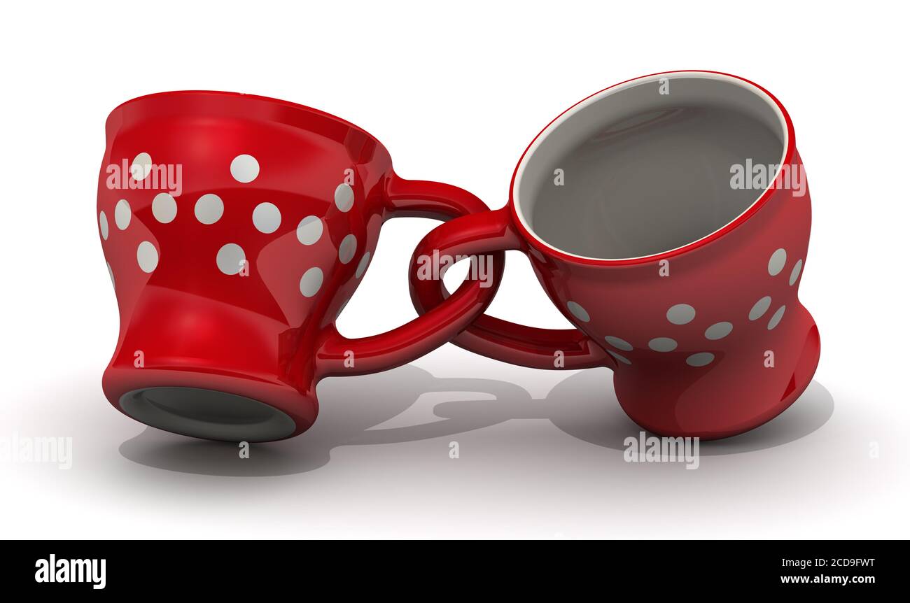 Deux tasses rouges. Couple inséparable. Deux tasses avec poignées emboîtables sur une surface blanche. Illustration 3D Banque D'Images