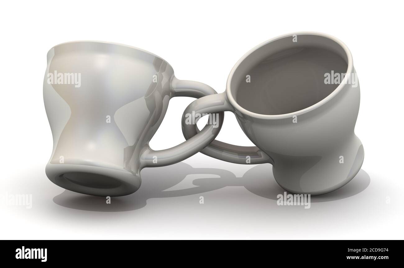 Deux tasses. Couple inséparable. Deux tasses avec poignées emboîtables sur une surface blanche. Illustration 3D Banque D'Images