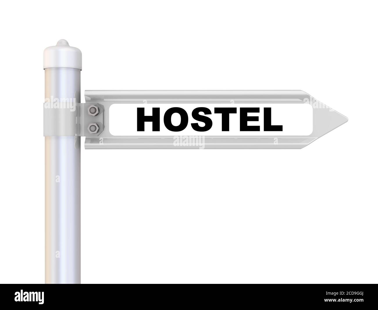 Auberge. La marque de passage. Panneau de route avec mot noir HOSTEL. Isolé. Illustration 3D Banque D'Images