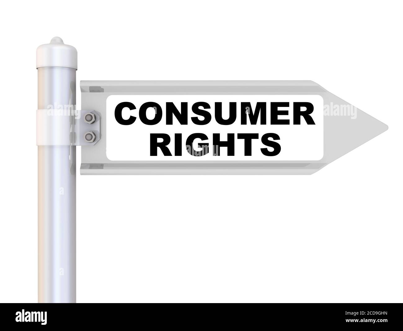 Droits du consommateur. La marque de passage. Panneau de signalisation avec mot noir DROITS DU CONSOMMATEUR. Isolé. Illustration 3D Banque D'Images
