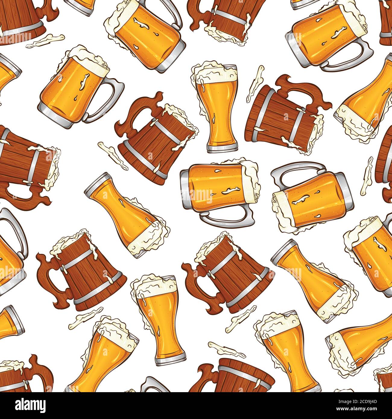 Modèle de festival de la bière Oktoberfest. Illustration vectorielle avec une tasse en bois et des verres à bière. Motif sans couture isolé sur fond blanc. Style pub, restaurant et bar Illustration de Vecteur