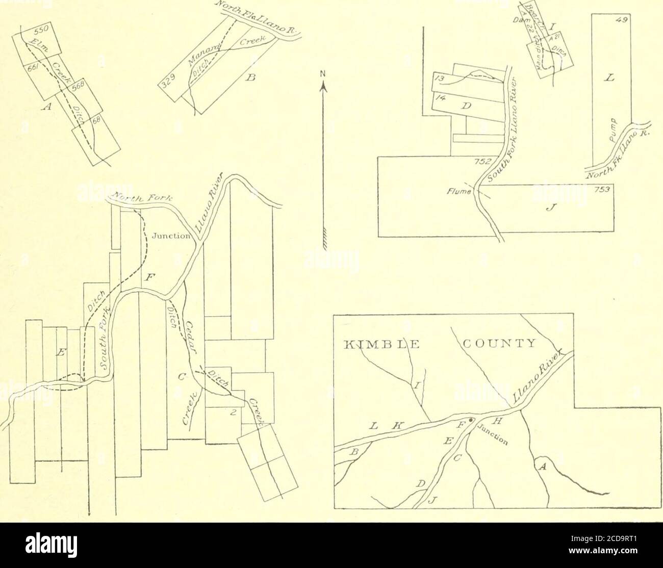 . Papiers d'approvisionnement en eau et d'irrigation de la Commission géologique des États-Unis . res de Smith Branch, un affluent de Johnson Fork de Guadalupe. Un petit barrage à planche de 1 pied de haut dévie l'eau dans le fossé. COMTÉS DE KIMBLE ET EDWARDS. Dans le comté de Kimble, l'irrigation se limite principalement aux vallées des ruisseaux affluents de la rivière Llano et de ses deux branches, le LlanoNord et le Llano Sud. Cela est dû à la grande violence de la rivière pendant les hautes étapes et à la difficulté de construire des barrages et TAYLOR.] COMTÉ DE KIMBLE. 43 entretien des fossés. Le capitaine C. K. Gordons est le seul plan Banque D'Images