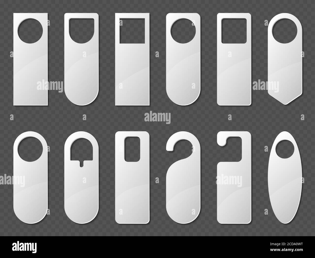 Ensemble de maquettes pour cintres de porte. Papier vierge ou plastique, étiquettes vides de formes diverses pour la chambre d'hôtel, panneaux « ne pas déranger », messages sur les boutons d'entrée, illustrations vectorielles 3d réalistes, icônes, maquette Illustration de Vecteur