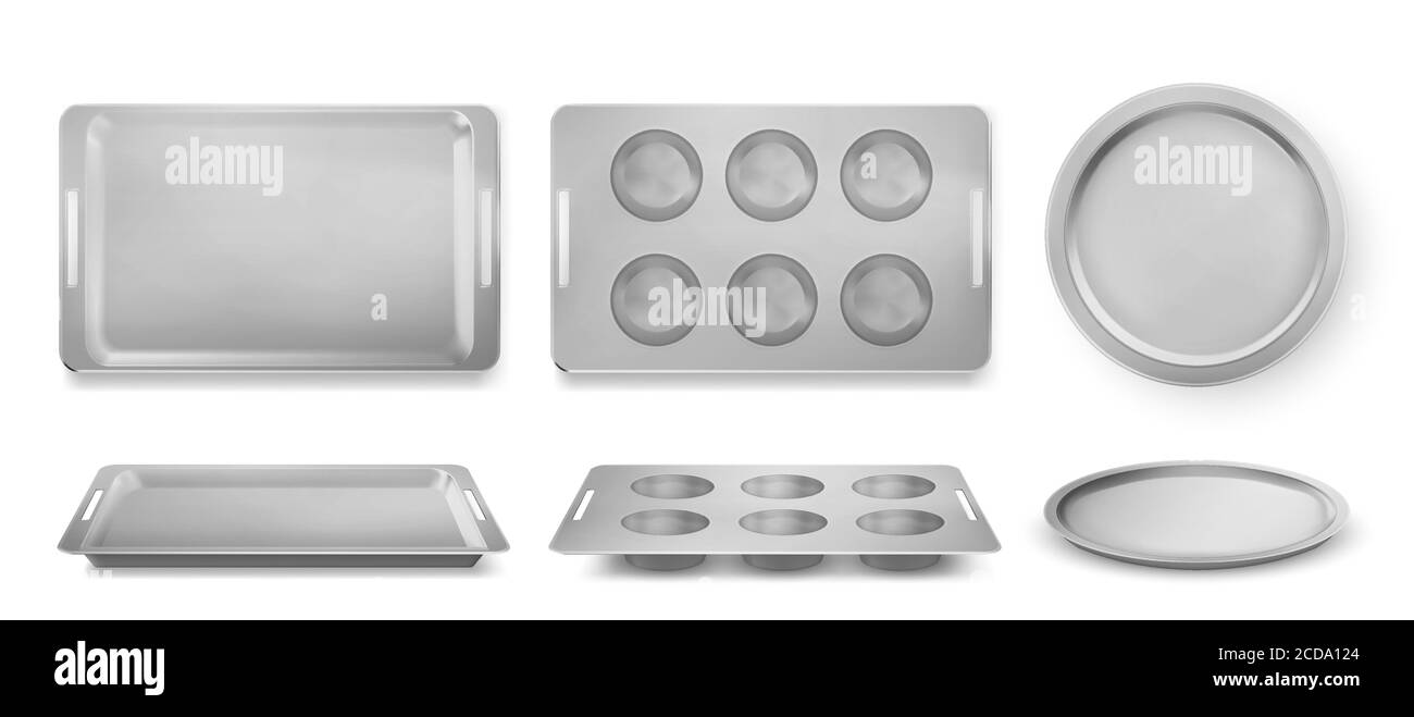 Plateaux pour faire cuire des muffins, des pizzas et de la boulangerie vue du dessus et de l'avant, bacs vides, rectangle isolé et formes rondes. Ustensile de cuisine pour four, vaisselle en métal argenté pour la cuisson, ensemble vectoriel 3d réaliste Illustration de Vecteur