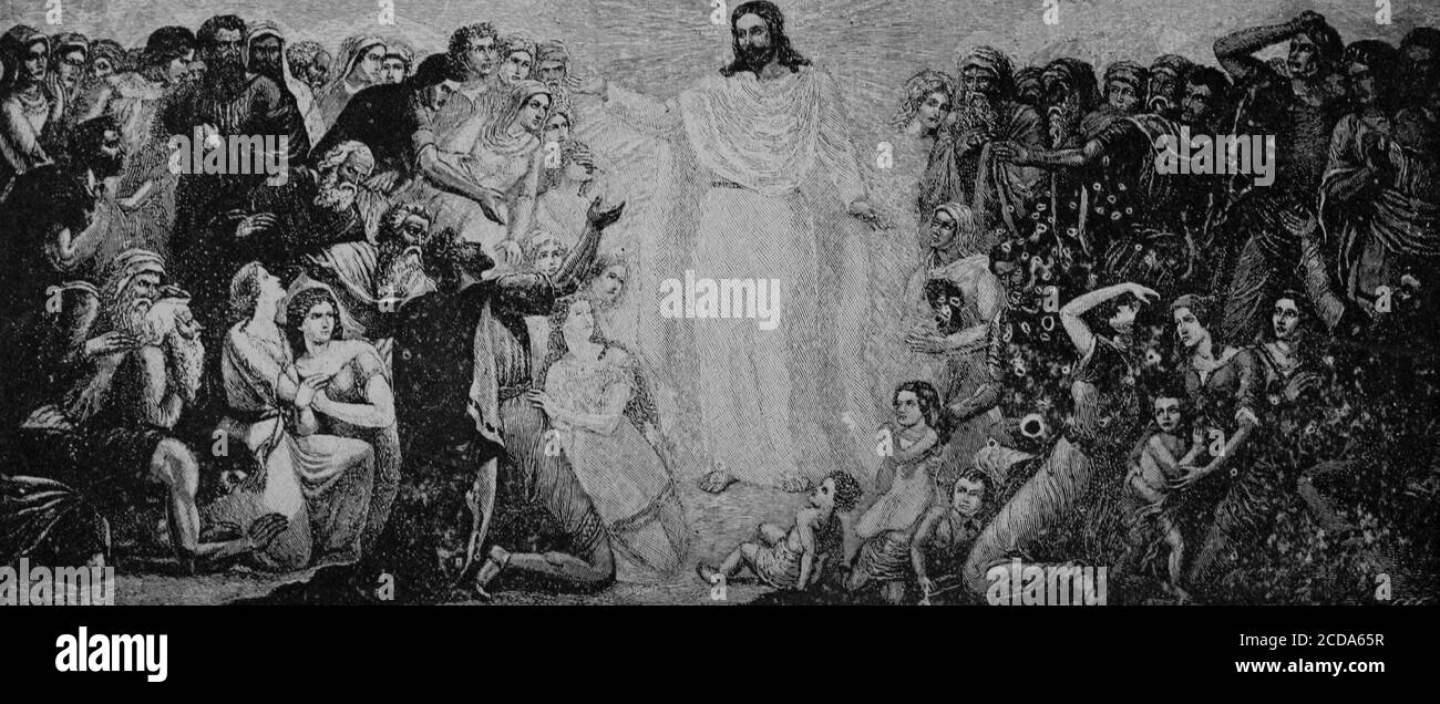 Illustration du livre « l'histoire du Livre de Mormon » de George Reynolds, mettant en vedette Jésus-Christ apparaissant à un groupe de néphites, publié par la Sion's Printing and Publishing Co, 1888. Archives Internet de courtoisie. () Banque D'Images