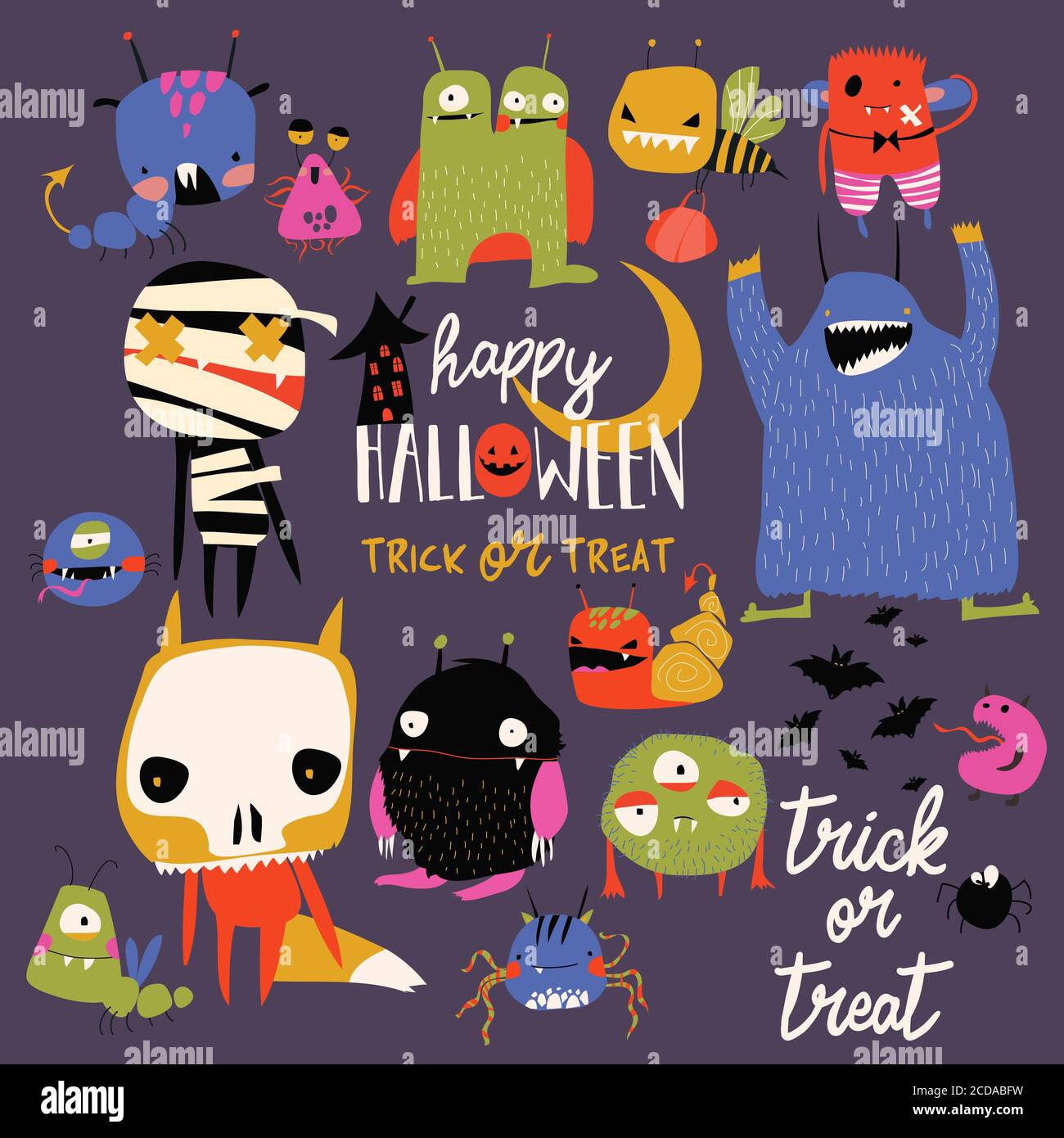 Ensemble de jolis monstres colorés. Joyeux Halloween Illustration de Vecteur