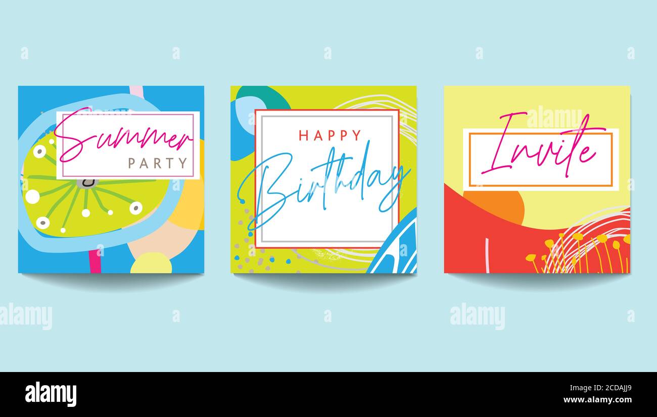 Modèles carrés d'art scandinave à base de fleurs abstraites aux couleurs vives avec éléments floraux et géométriques. Adapté aux publications sur les réseaux sociaux, mobil Banque D'Images