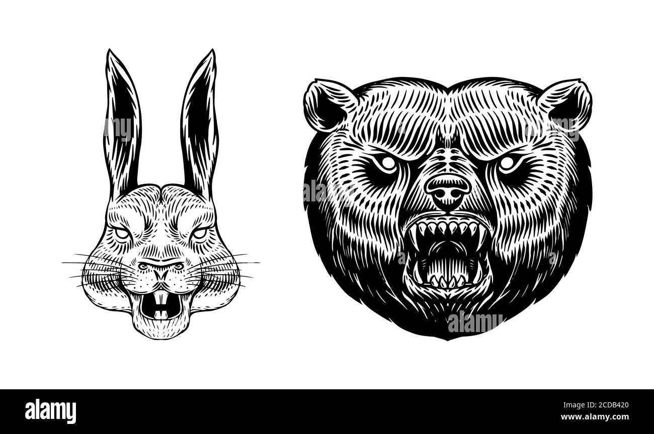 Ours brun grizzli et lièvre ou lapin. Hurler un animal fou pour le tatouage ou l'étiquette. Bête rugissante. Dessin au trait gravé à la main Art ancien monochrome Illustration de Vecteur