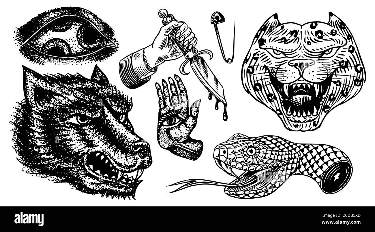 Ensemble de patches de mode. Maquette de tatouage. Main magique mystique. Et serpent. Dagger ésotérique, léopard et loup. Dessin vintage gravé à la main. Vecteur Illustration de Vecteur