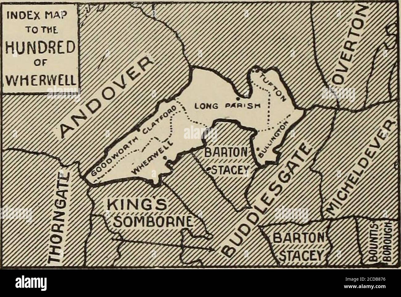 . Une histoire du Hampshire et de l'île de Wight . dans la centaine de Rois Somborne, et était alors, comme il est resté, dans les mains de Hyde Abbey. La petite Ann, bien que coupée du reste des manoirs de Wherwell, est encore incluse dans cette centaine ; elle a cependant été étriquée, comme dans celle d'Andover avec sa paroisse d'Abbotts Ann.3 l'abbaye était donc primordiale dans la centaine. Par une subvention de KingJohn, il a été abandonné pour toujours de tous les shires et des centaines, des costumes de shires et des centaines, des aides de sheriffs, des reeves et des huissiers et des plain et des exactions à themapanapaces.4 cette charte globale, qui incluait aussi TH Banque D'Images