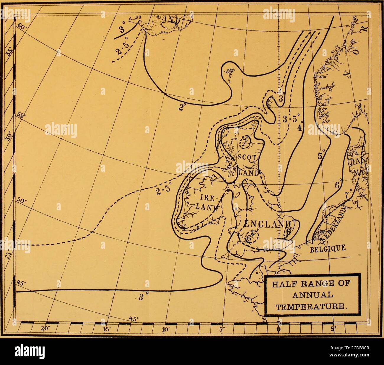 . Enquêtes scientifiques . Figure 5.—les anomalies, par rapport à la température annuelle moyenne de15° O., dans les latitudes correspondantes. Influence directe de la proximité des terres. Dans le cas du méridien 15° O., nous constatons que, jusqu'à ce que nous approchions de l'Islande, la température moyenne chute dans une courbe lisse, très presque directement proportionnelle au cosinus de la latitude ; mais dans le voisinage d'Icelandon a une chute un peu soudaine et rapide. En bref, notre comparaison standard devient elle-même anormale dans le voisinage de 65°N. lat.; et donc notre anomalie thermique dans la mer du Nord et i. FI Banque D'Images