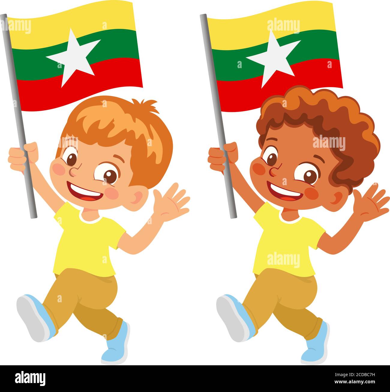 Drapeau du Myanmar en main. Drapeau de retenue des enfants. Drapeau national du Myanmar vecteur Illustration de Vecteur