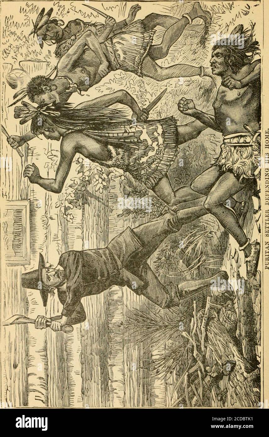 . Nos héros pionniers et leurs actions audacieuses . ^ de sa terre natale.. CHAPITRE T. GENEEAL ISEAEL PTJTKAM. SUR la route entre Newburyport et Boston, à mi-chemin entre les deux J)laces, se dresse une ancienne ferme de classe thebetter. Cinquante ans est l'âge attribué à la partie la plus récente, et l'histoire des logs qui en font partie remonte à 1648. Lors de sa première construction, il se trouvait dans le désert, et les sons les plus fréquemment entendus étaient les coups brumeux et retentissants de la théaxe et les lourds thuds des arbres qui tombent; tandis que la whoopof indien effrayé dans le silence les chants d'oiseaux. Ici, je Banque D'Images