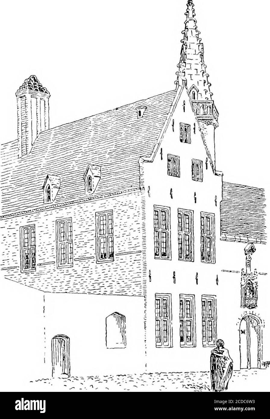 . Dinanderie; une histoire et une description de l'art mediæval en cuivre, laiton et bronze . y avait, dans le cours de leurs affaires, des liens fréquents et intimes ; mais l'un de leurs établissements a été fait sous cir-cumstances particulières et prometteuses, dont l'histoire vaut la peine de se relier. La petite ville de Middelburg en Flandre Occidentale avait été fondée par Sir Peter Bladelin, trésorier de l'ordre du Golden Fleece, qui était donc intime avec Philippe le Hardi, alors duc de Bourgogne, et son fils, le Comte de Charleroy, le destroyer de Dinant, qui était mieux connu quand il a réussi à l'ennui a Banque D'Images