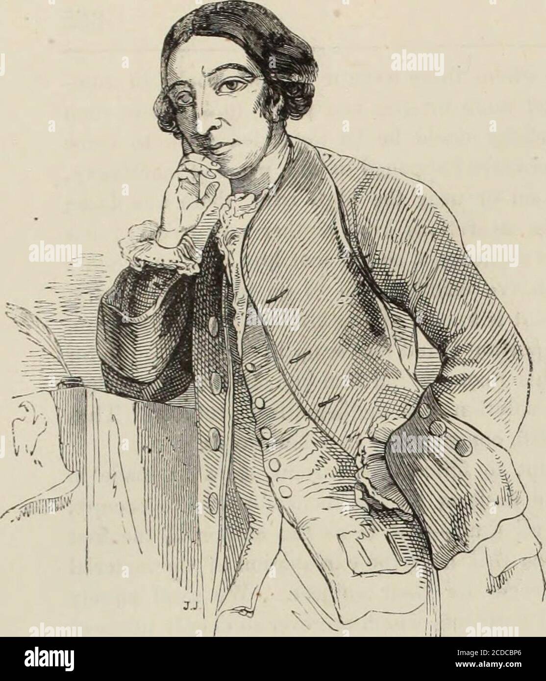 . Vieille Angleterre : un musée pictural d'antiquités régales, ecclésiastiques, baroniales, municipales et populaires. Accueille, avec une fidélité littérale, l'extérieur du lieu. Il se trouve au fond d'une petite pente. On nous montre la chambre où Newton est né. Un comprimé de marbre a été placé sur la pièce de thechimney, avec l'inscription— Sir Isaac Newton, fils d'Isaac Newton, seigneur du manoir de Woolsthorpe, est né dans la salle de thé le 25 décembre, 1G42. En dessous se trouvent des lignes magnifiques de Popes :— les lois de nature et de natures se cachent la nuit; Dieu a dit que Newton soit, et il y avait de la lumière. Donc Banque D'Images