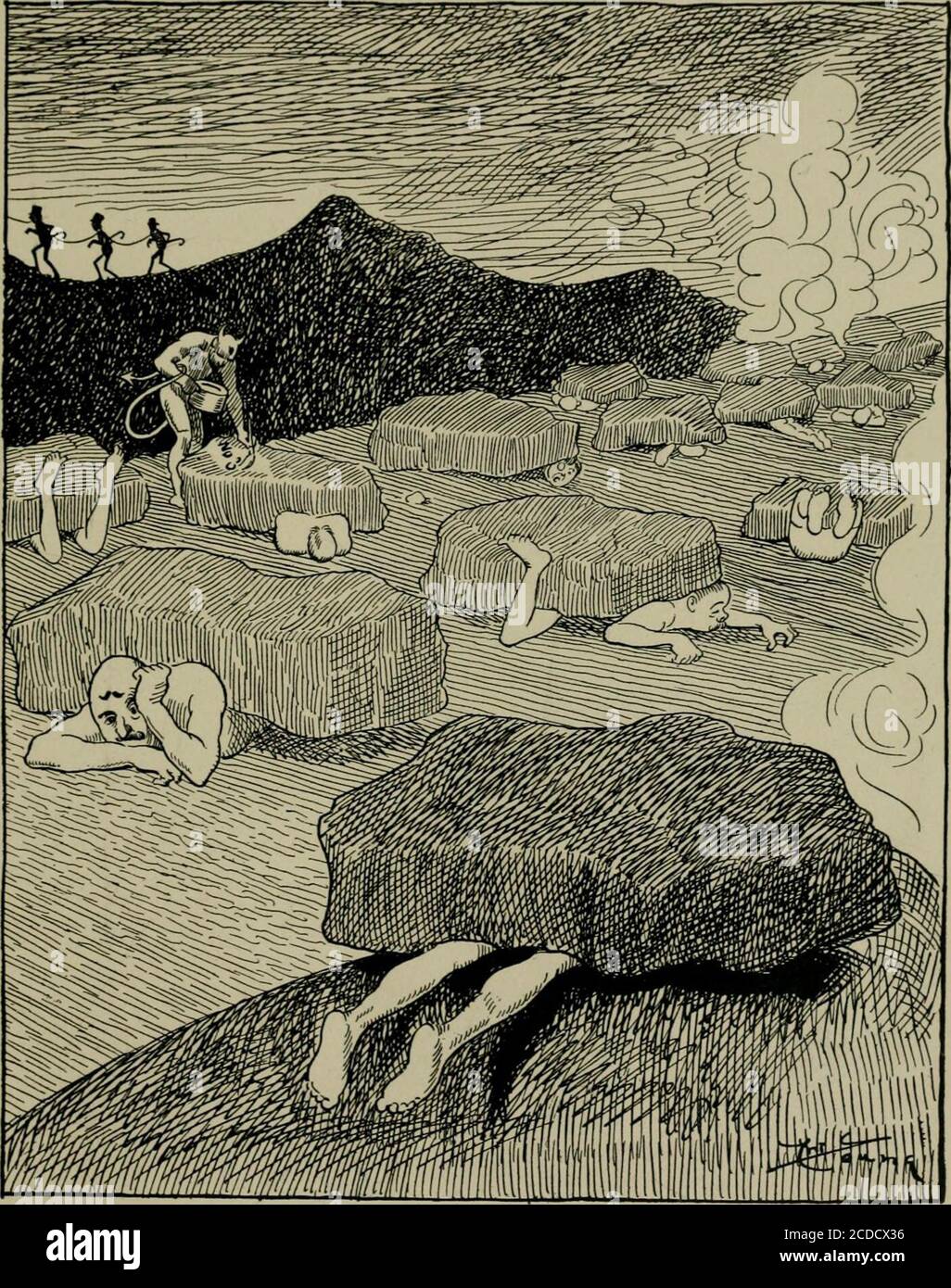 . Par l'enfer avec Hiprah Hunt; une série d'images et de notes de voyage illustrant les aventures d'un Dante moderne dans les régions infernales; aussi d'autres images du même monde souterrain . PRESSE-PURÉE. CANTO XVII En consultant sa carte, M. Hunt choisit une route qui mène vers le golfe où les gens lents apprennent une leçon d'activité. Son guide explique qui sont quelques-uns des gens lents. Le commerçant qui accepte facilement de livrer des marchandises à un moment précis et qui ne le fait toujours pas. La personne qui bloque une ligne de personnes à un billet de chemin de fer en posant des questions inutiles. La buline Banque D'Images