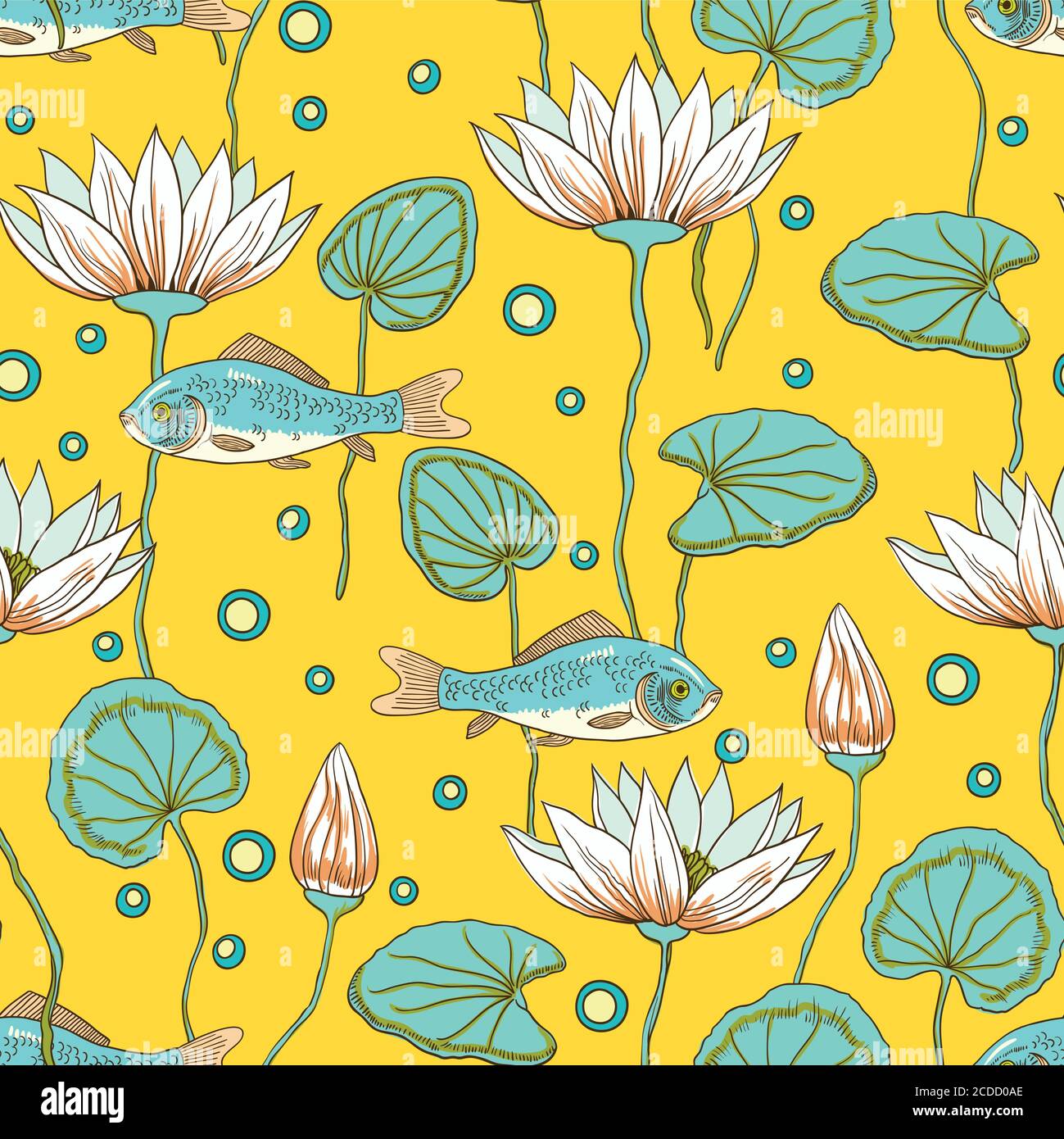 Adorable motif sans couture avec fleurs de lotus, bourgeons et poissons Illustration de Vecteur