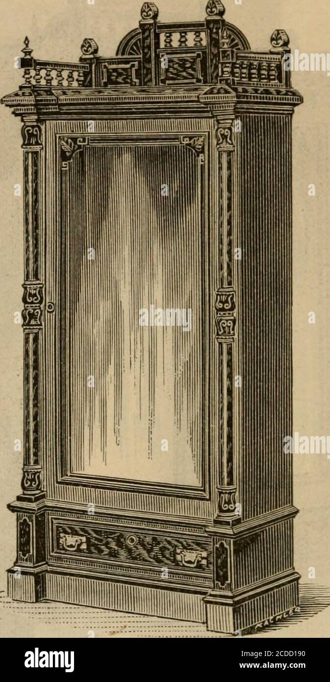 . Catalogue illustré de mobilier de bureau et de bibliothèque. . jSTo. 363. Ce modèle est de style et de construction similaires à la coupe précédente, sauf en tant que bibliothèque à deux portes. A la même finition et la même ornementation que les deux conceptions, et, bien que plus petites, correspondront avec elles si elles sont mises en place dans la même pièce. Comprend des étagères réglables, des tiroirs en verre transparent et en barre dorée. Taille, 3 pieds 10 pouces de large dans l'extrême; 5 pieds 10 pouces de haut tout. Veuillez lire la Préface de ce catalogue. 364 cette bibliothèque naine à une porte est de même style, de même construction et de même finition que la précédente Banque D'Images