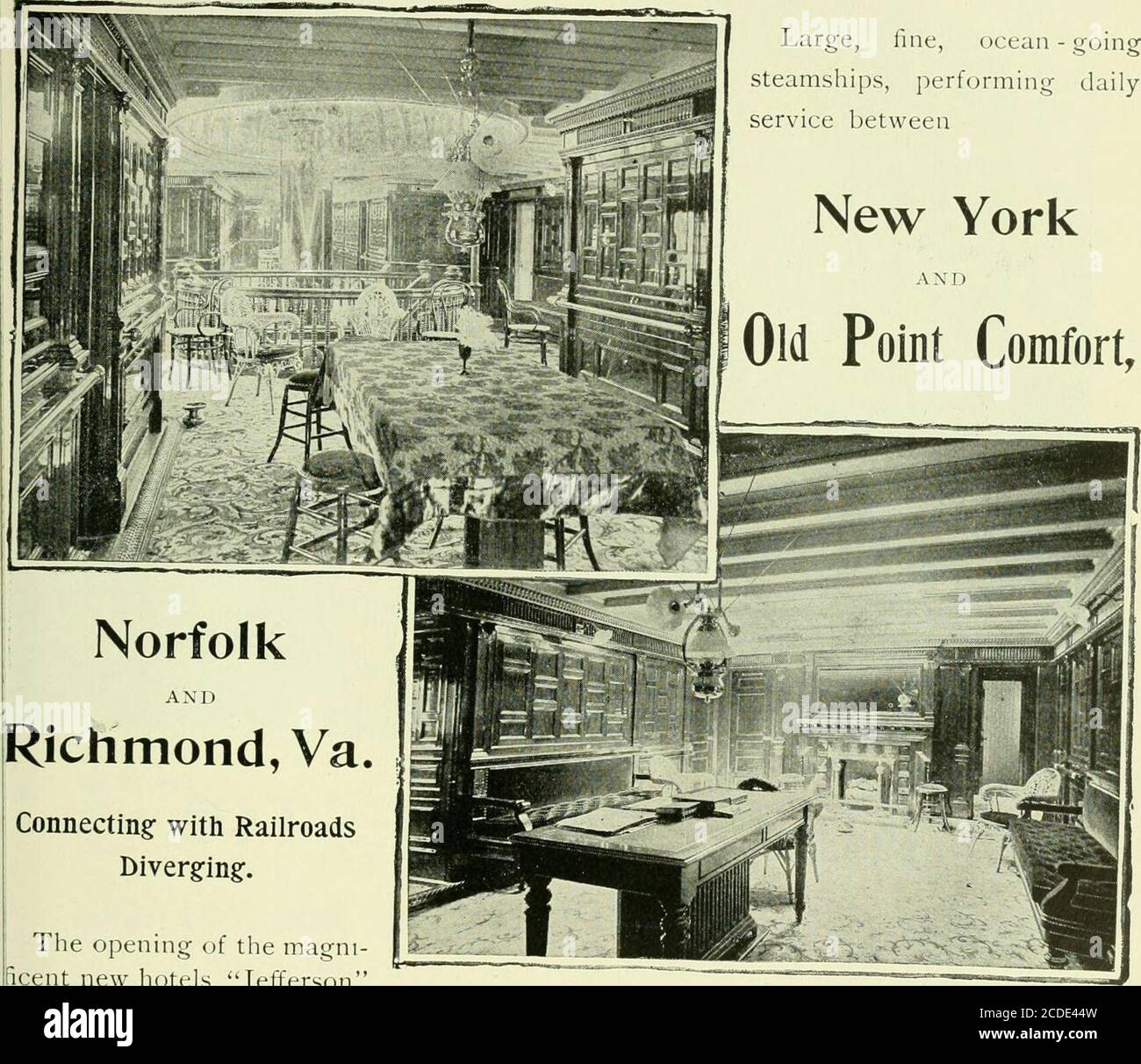 . Le guide standard . Forteresse Monroe ou Virginia Beach. En prenant cet itinéraire, le passager bénéficie d'une agréable promenade sur la rivière PotomacRiver et la baie de Chesapeake, ce qui brise la monotonie d'un trajet en train. L'excellence des repas fournis sur ces magnifiques steamers a été un facteur agréable dans leur popularité. Le service de salle à manger est à la carte, les repas sont servis à des heures pratiques pour les passagers. Billets en vente via Atlantic Coast Line et Norfolk et Carolina R. R., et via Atlantic Coast Line et Seaboard Air Line et dans tous les principaux bureaux de chemin de fer. Nord, Sud, est et nous Banque D'Images