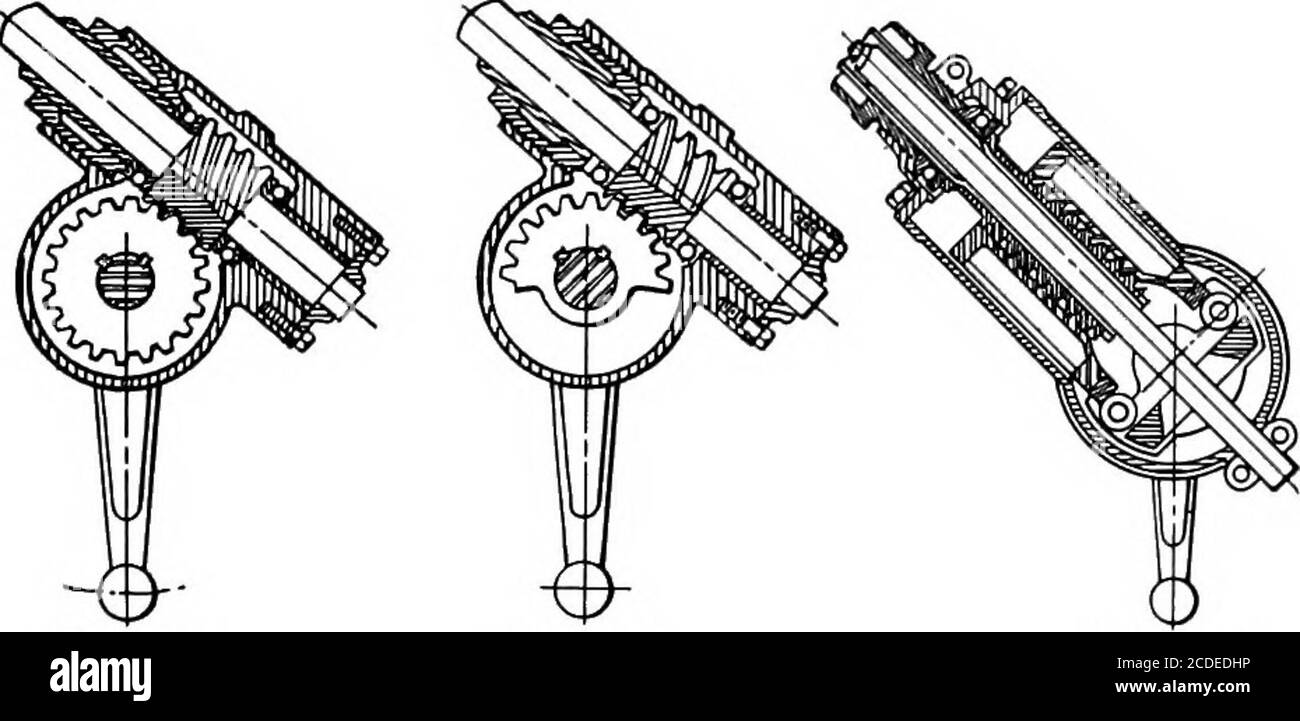 . Cyclopedia de manutention; un livre de référence qui couvre les définitions, les descriptions, les illustrations et les méthodes d'utilisation des machines de manutention utilisées dans l'industrie . essieu arrière, mais avec les modifications importantes suivantes exigées par l'application: (1) le volant de direction et la vis sans fin à l'extrémité inférieure de lacolonne de direction tournent de lyi à 2 tours complets, alors que la vis sans fin, qui est fixée à un arbre horizontal (ou un axe Pitman) avec la direction ou la bielle pendante à l'autre extrémité, tourne ou oscille seulement d'un sixième à un quart de tour. (2) l'efficacité dans la transmission de la puissance est de rel-ativ Banque D'Images