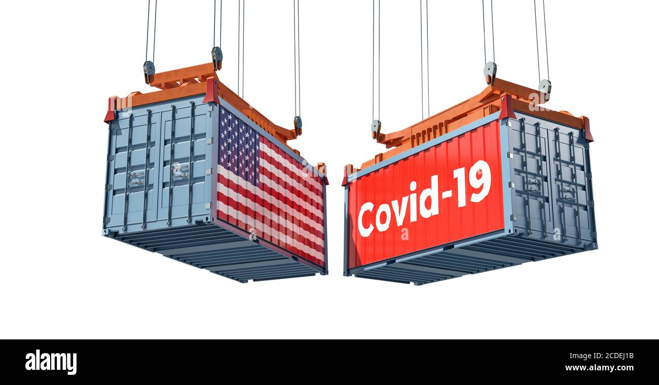 Contenant avec le texte du coronavirus Covid-19 sur le côté et contenant avec drapeau des États-Unis. Concept de commerce international propagation du virus Corona. Banque D'Images