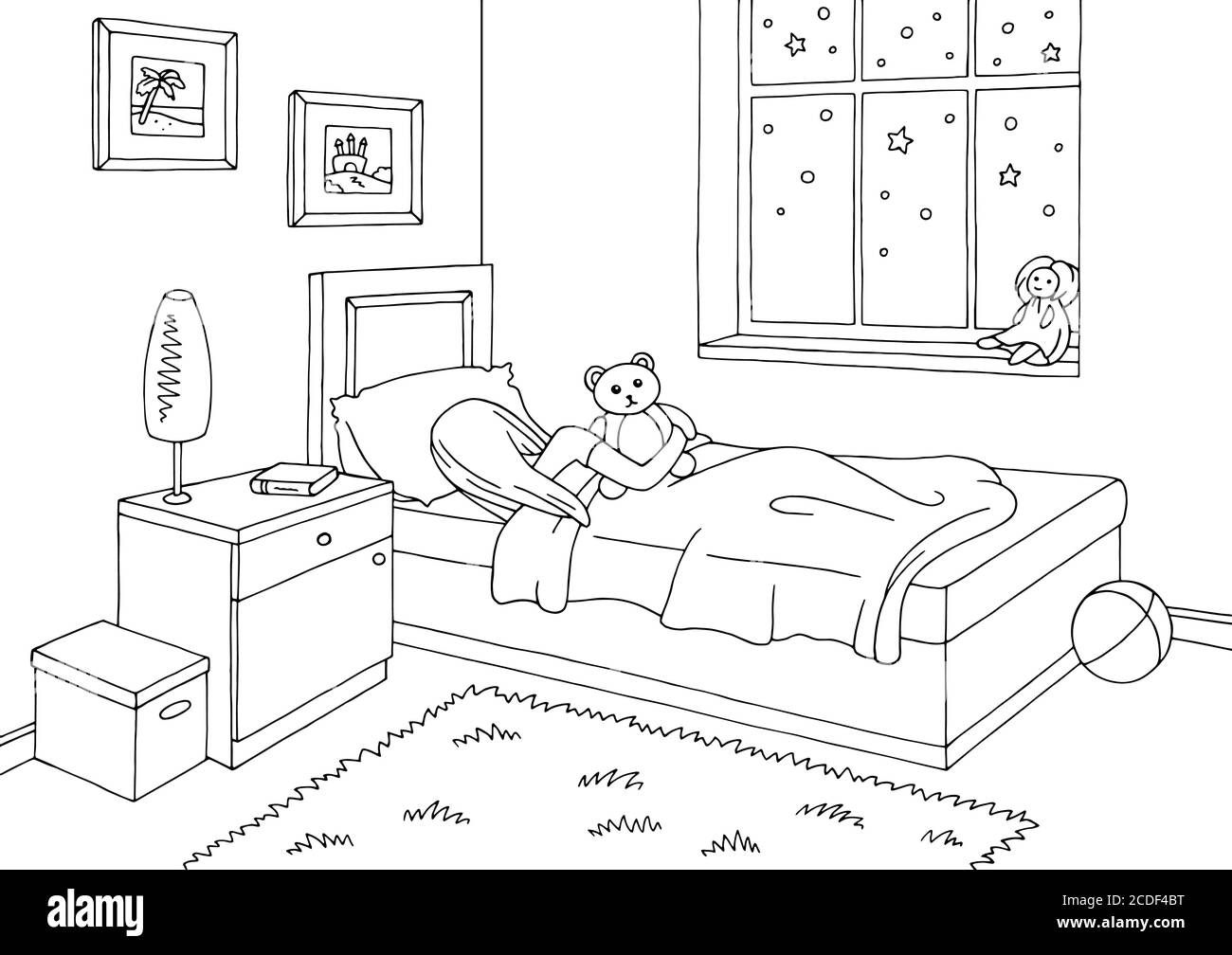 Illustration d'un dessin de chambre d'enfants noir blanc intérieur Sleeping girl vecteur Illustration de Vecteur