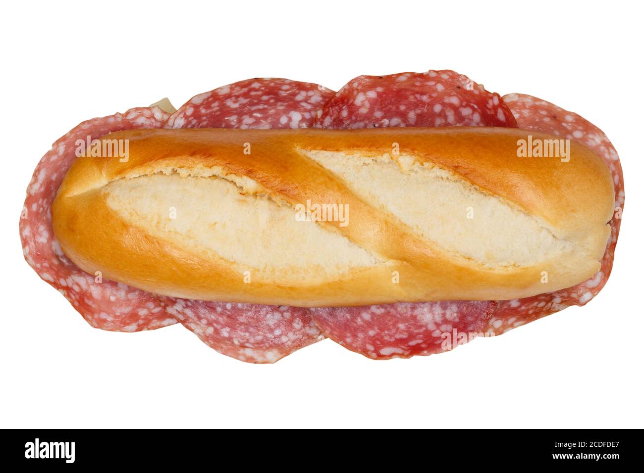 Baguette sous-sandwich avec jambon salami du dessus isolé sur un arrière-plan blanc Banque D'Images