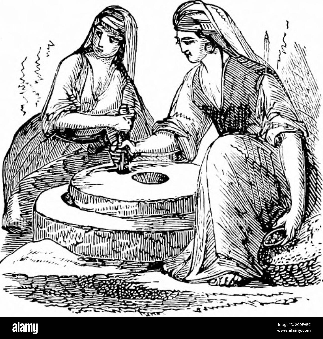 . Un dictionnaire de la connaissance religieuse [ressource électronique]: Pour un usage populaire et professionnel, comprenant des informations complètes sur les sujets bibliques, théologiques et ecclésiastiques . et en diamètre, s'adaptant soigneusement l'un à l'autre. La partie supérieure a en elle une holeà travers laquelle le grain est introduit, anda poignée en bois par laquelle il est tourné.c'était probablement une telle pierre supérieure, therider, avec laquelle la femme de Thebesécrasée Abimélehs tête.4 la partie inférieure, ornether, pierre de moulin est souvent fixée dans le sol, et un tissu est généralement posé pour re-ceive le repas comme il se passe entre les pierres. Banque D'Images