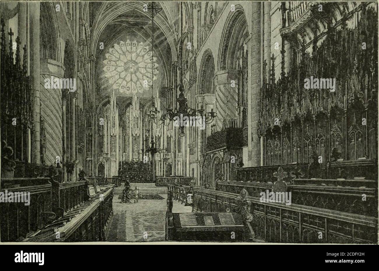 . Cathédrales, abbayes et églises d'Angleterre et du pays de Galles, descriptives, historiques, picturales . eration.ce sont les cas d'horloge fine, sous la fenêtre sud du sud du transept, originellement érigée par PriorCastell (1401), avec des additionsplus tard par Dean Hunt (1620); Un écran en chêne, qui surmonte la plate-forme du sanctuaire de Saint-Cuthberts, l'un des rares vestiges, et un très beau, de l'art décoratif de l'époque de Philippe et Marie ; enfin, les magnifiques reredos anciens de l'autel sur le tombeau de Cardinal Langloys, LA GALILÉE. Durham.] VANDALISME À DURHAM. 41 en Galilée, contenant des peintures du Banque D'Images