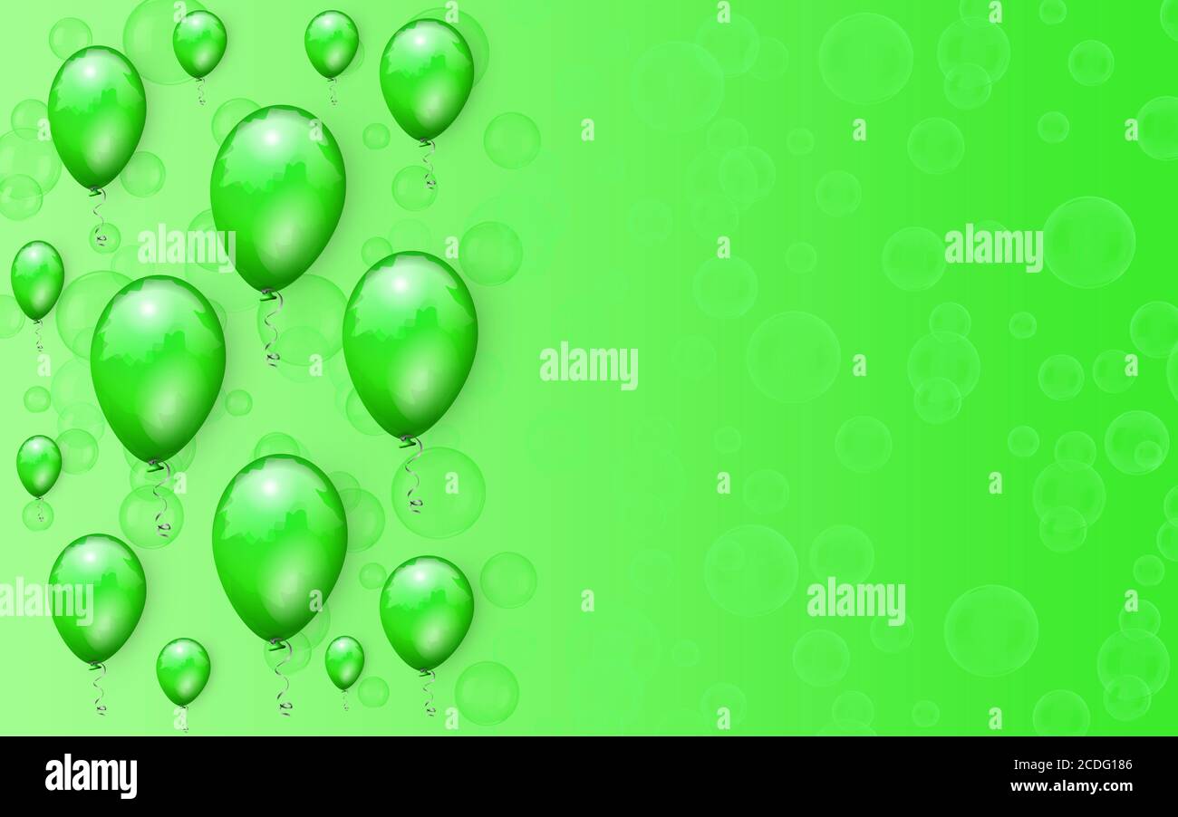 ballons verts et bulles d'eau sur fond vert volent avec espace libre pour copier du texte ou un objet de copie Banque D'Images