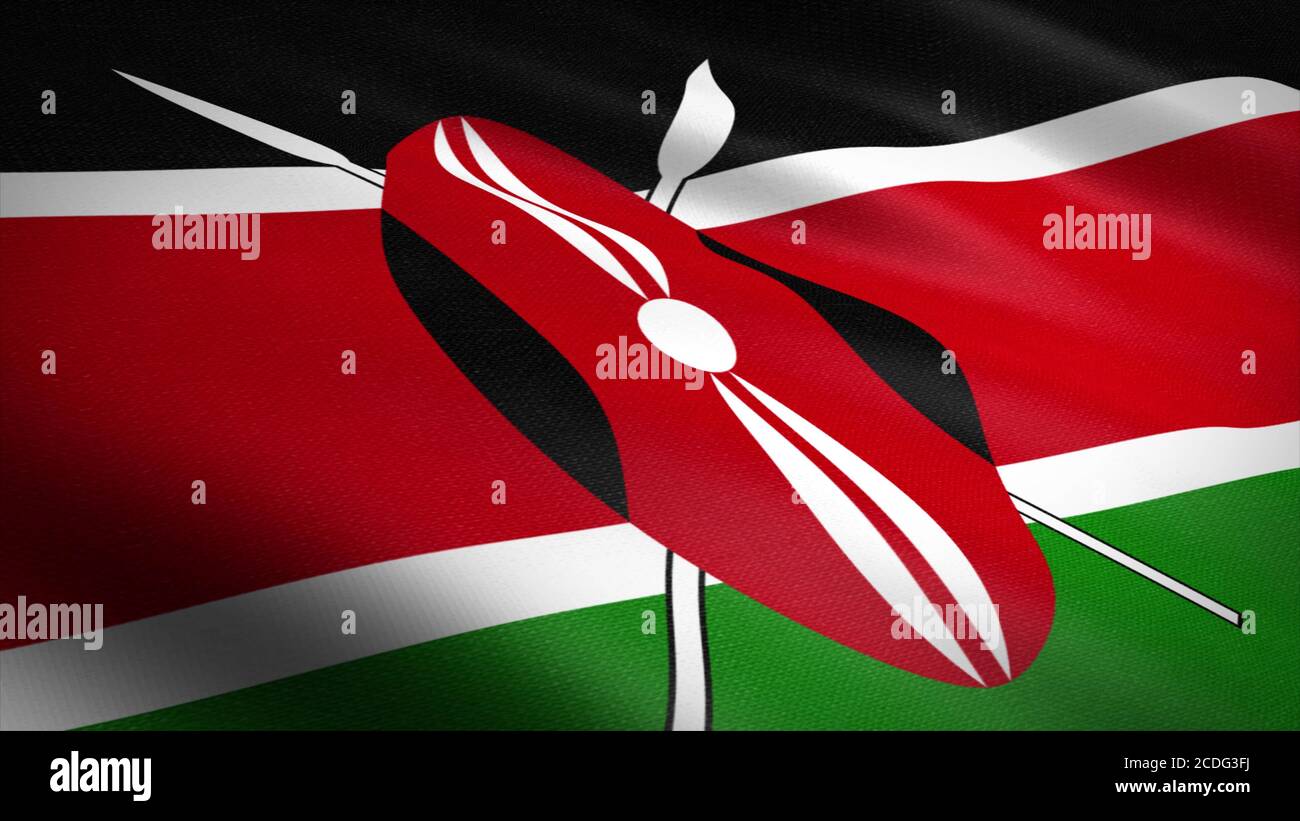 Drapeau du Kenya. Illustration de rendu 3D de drapeau d'ondulation réaliste avec texture de tissu très détaillée. Banque D'Images