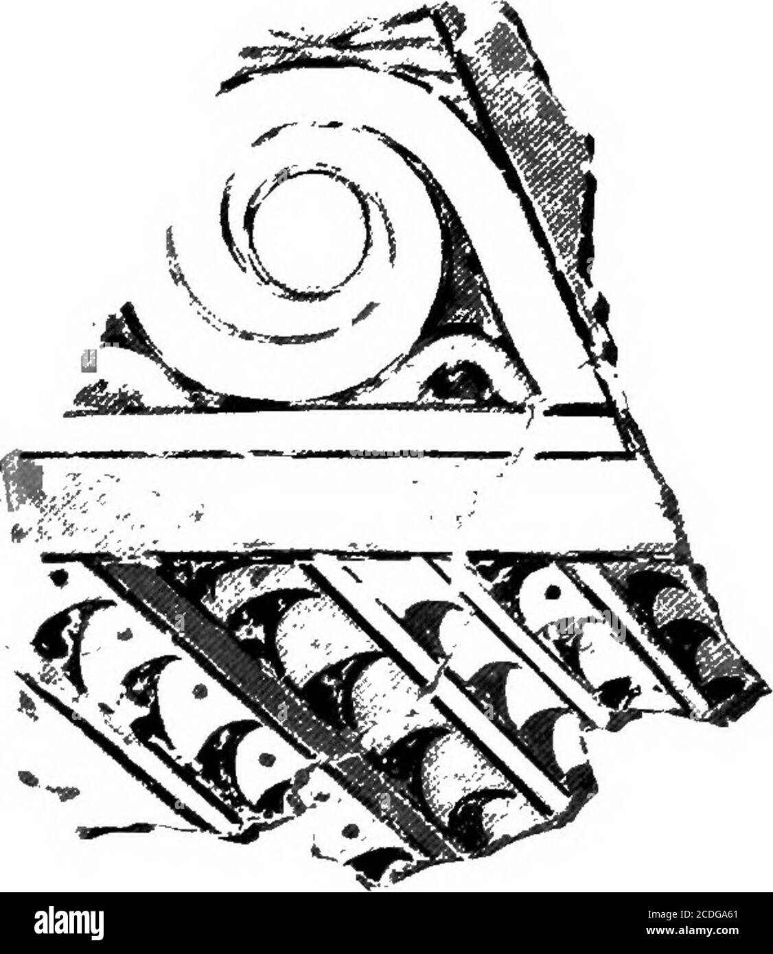 . Le palais de Minos : un compte-rendu comparatif des étapes successives de la civilisation crétoise ancienne comme illustré par les découvertes de Knossos . Fig..401 A. Décoration en stuc peint sur.-la terre de Megaron, Mycenae (XV^-)- Fig. 401 B. fragment de mur-peinture (Knossos), montrant l'ornement de Plume à spirales cranté [^). Dans les fresques de Minoan tardif, comme par exemple sur les bords de la coupe-barbes, et le motif sous son aspect original fait partie du ceramicrepresbytère du style de palais ultérieur.^ déjà, Cependant, dans la période L. M. I, cette conception commence à se détourner de son e originelle Banque D'Images