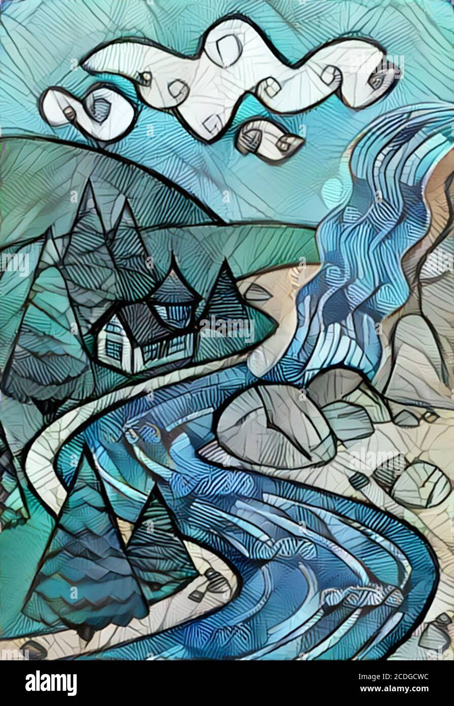 Illustration du paysage de la nature - chute d'eau, rivière, montagnes et la belle maison. Art coloré Banque D'Images