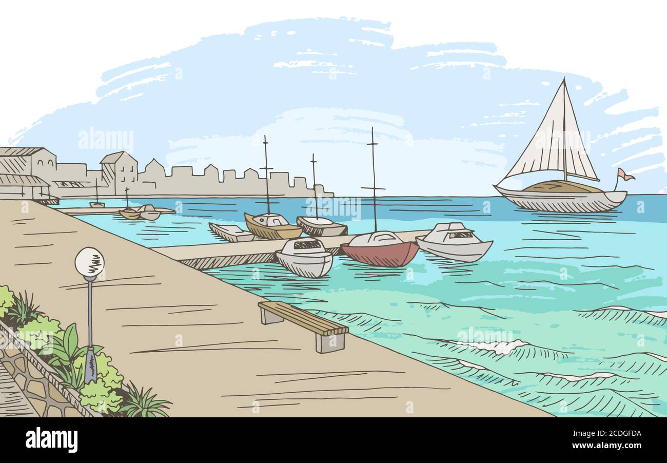 Front de mer quai graphique yacht couleur paysage marin esquisse vecteur d'illustration Illustration de Vecteur