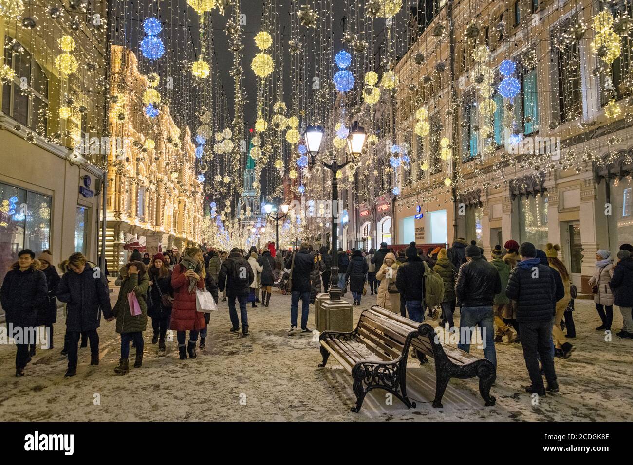 Fête du nouvel an dans la rue Nikolaskaïa, Moscou, Russie Banque D'Images