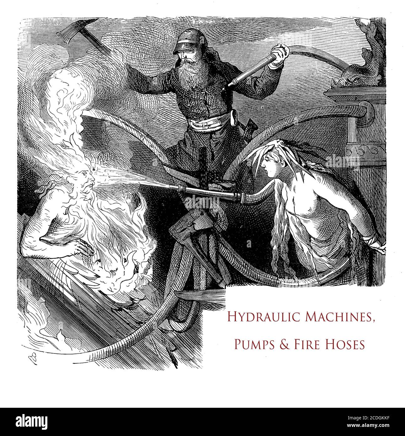 Beau chapitre typographique de devant image d'un livre vintage sur le feu, les machines hydrauliques et les tuyaux d'incendie décorés par un pompier et des figures mythologiques Banque D'Images