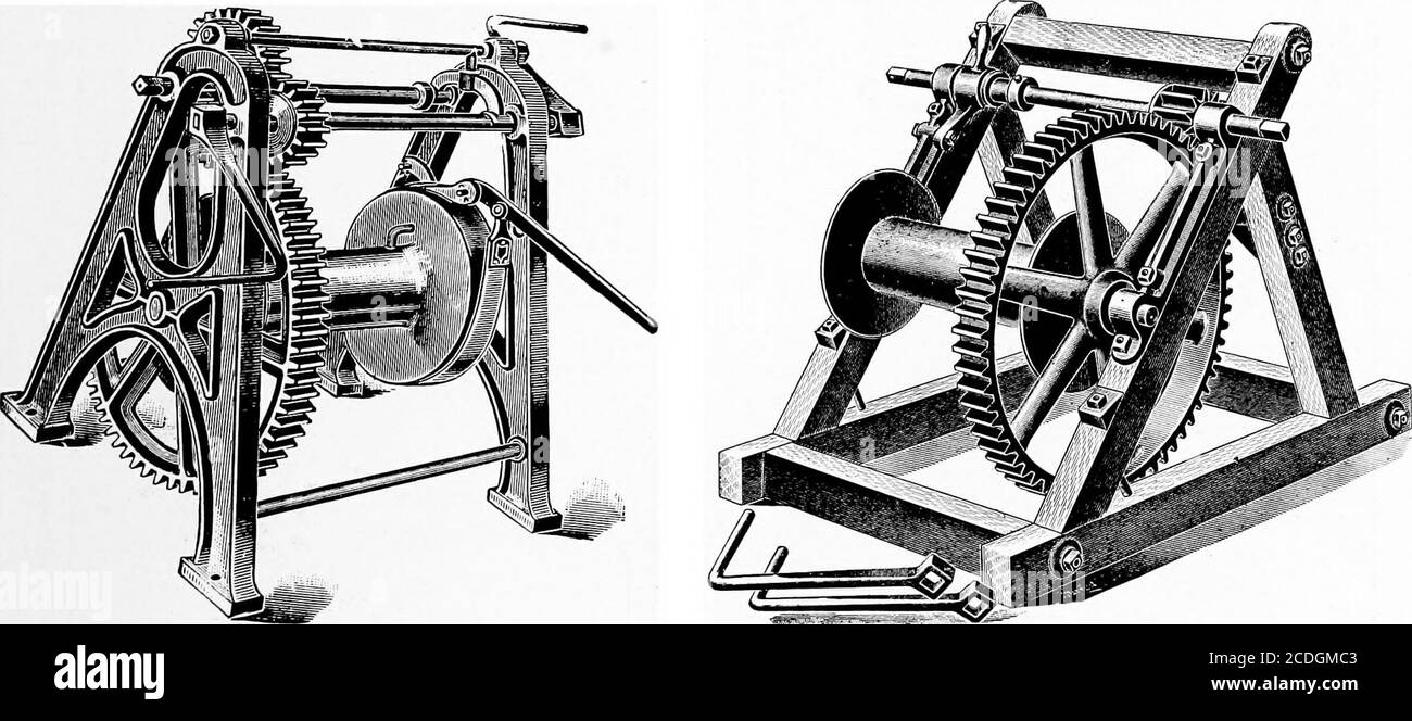 . Cyclopedia de manutention; un livre de référence qui couvre les définitions, les descriptions, les illustrations et les méthodes d'utilisation des machines de manutention utilisées dans l'industrie . Vis sans fin à tambour unique, achat unique. Un seul tambour, double achat un tambour, simple achat de treuils à main 298 MACHINES DE LEVAGE Banque D'Images