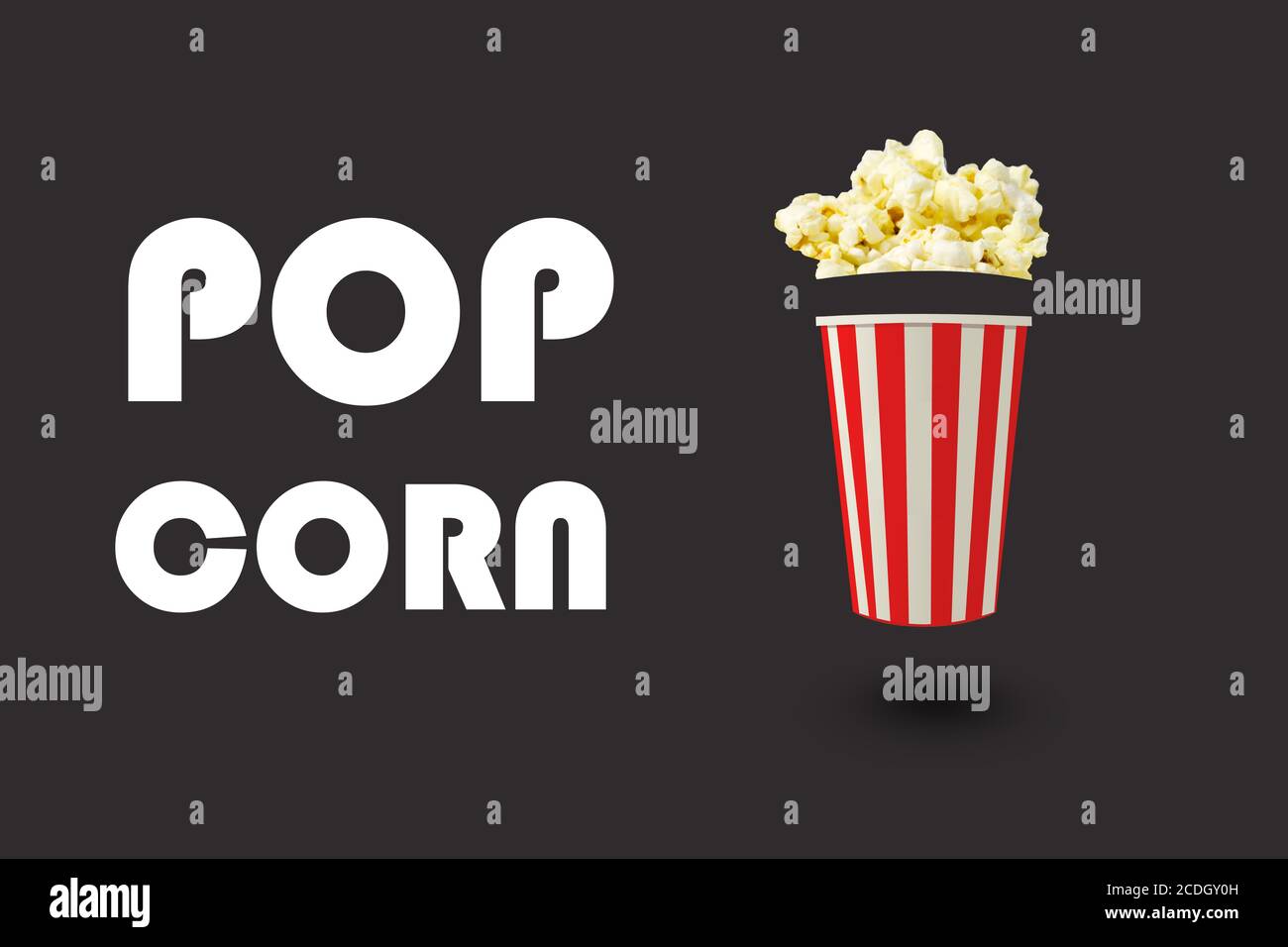 Pop-corn créatif sur fond gris, coupe de cinéma professionnelle en vol : 3D visualisation cinéma concept avec texte : POP CORN Banque D'Images