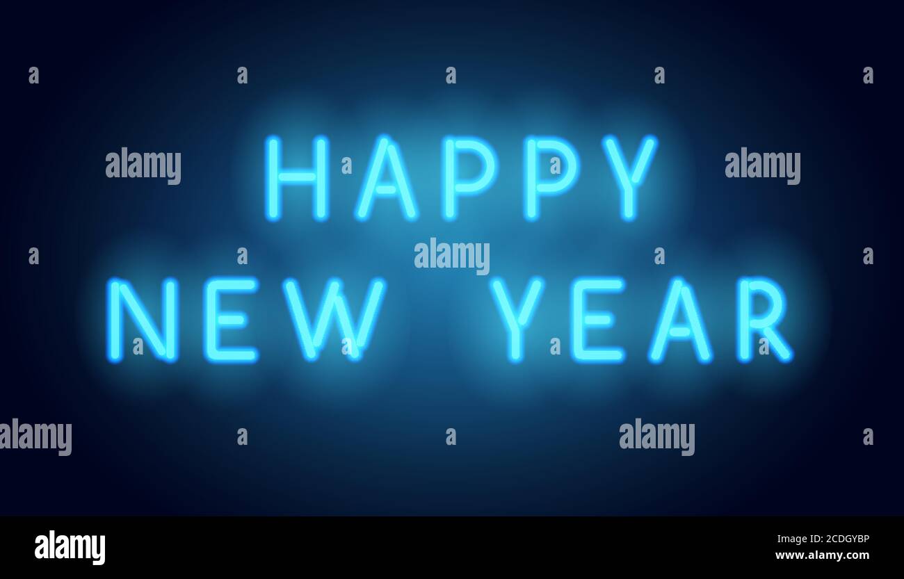 Bonne nouvelle année lettrage au néon. Panneau néon bleu réaliste vectoriel avec messages d'accueil Illustration de Vecteur