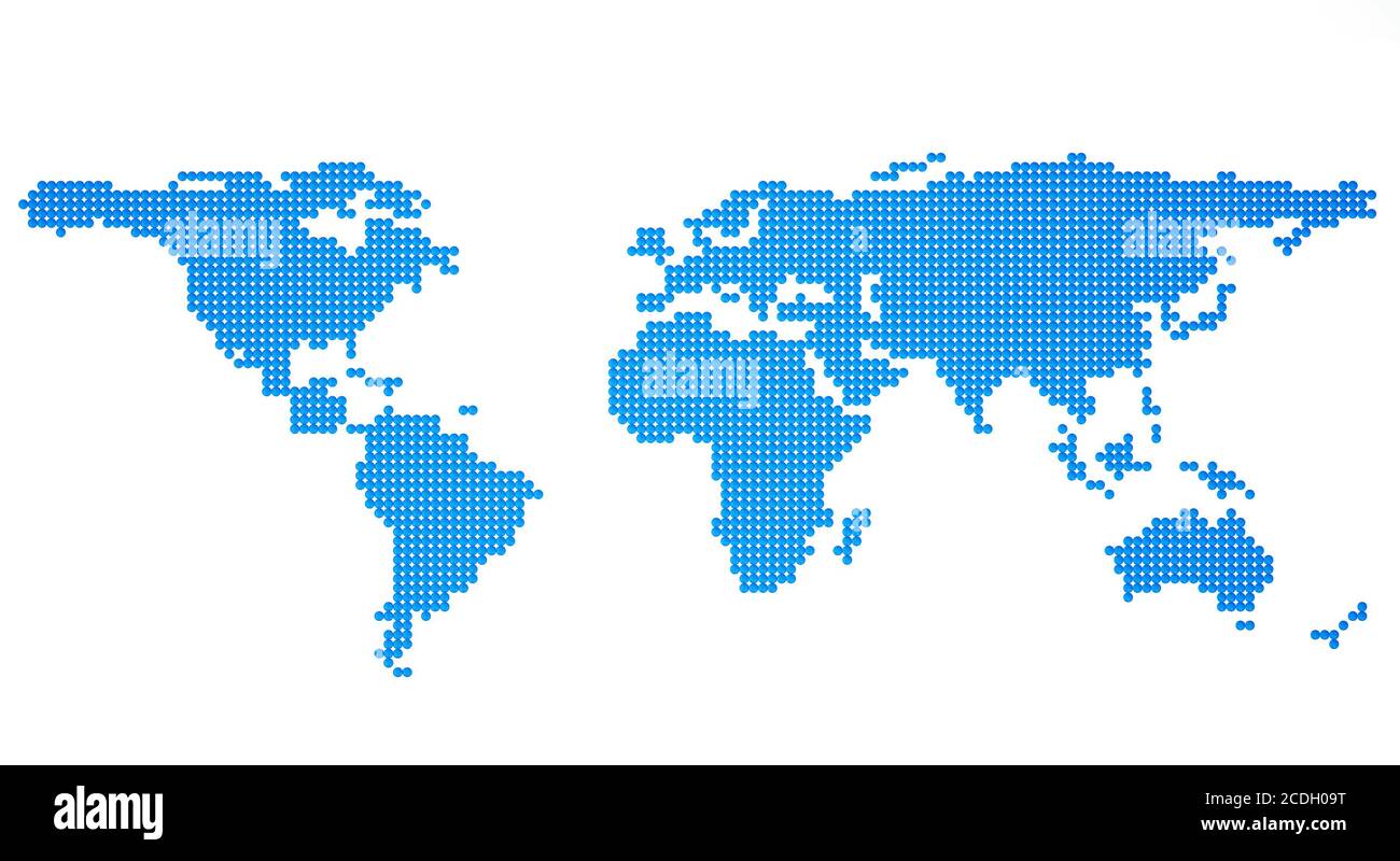 carte globale des boules métalliques bleues sur un bac blanc Banque D'Images