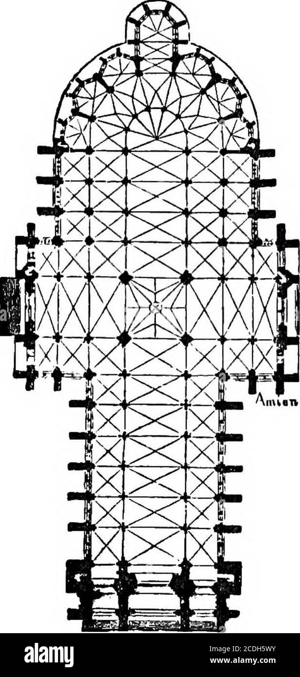 . Une courte histoire de l'art . ed par des arches de la même hauteur. L'introduction de l'arche pointue et de la nervure marque la transition de l'architecture RO-manesque à l'architecture gothique. Plans les plans au sol de la Gothicarchitecture ne se distinguent pas matérialementdes plans romanesqueGround, mais de l'espace oc-cupied par des points de soutien de-creases. Les piliers introduirent quand les voûtes croisées sont venues dans l'usewere, si nous pouvons ainsi parler, les sec-tions du mur se tournèrent vers la droite à leur position antérieure.après une série d'expériences, les architectes ont commencé à réaliser thata étant donné la quantité de mur, concène-trated dans les piliers et mais Banque D'Images