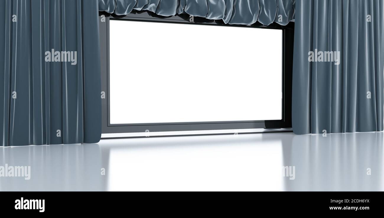 écran blanc vide moderne avec rideaux bleus aroun Banque D'Images