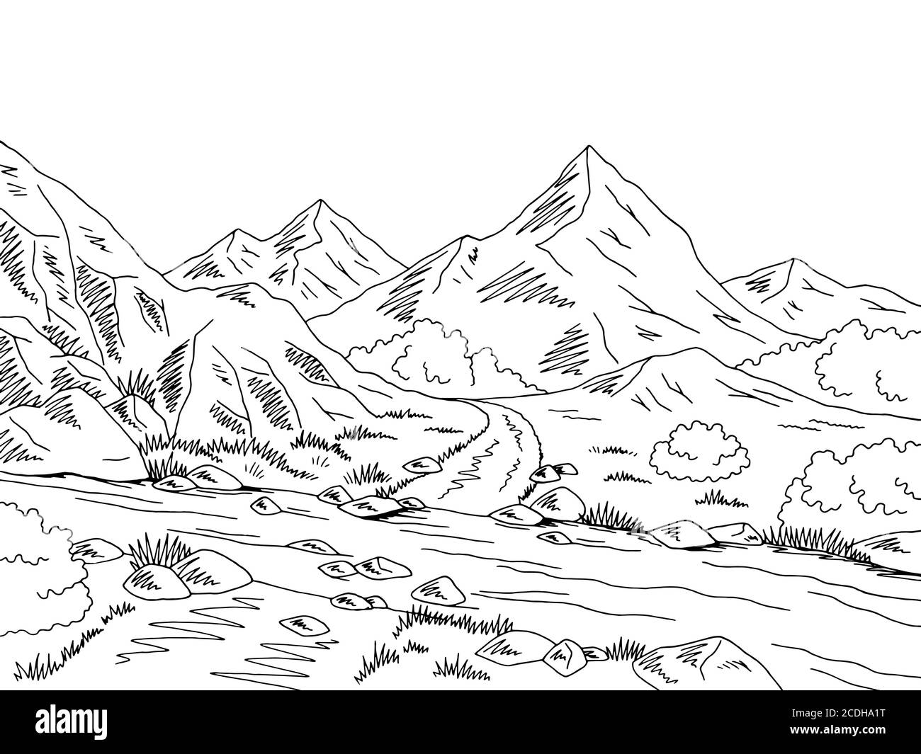 Schéma de route de montagne noir blanc rivière ford paysage dessin illustration vecteur Illustration de Vecteur